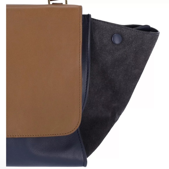 Celine Trapeze Medium Convertible Satchel Crossbody Suede Leather Blue Tan - Picture 4 of 12
